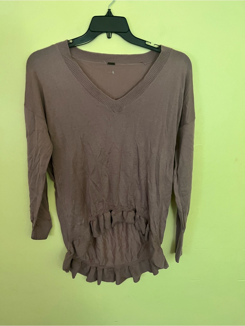 Poof V-Neck Ruffle Hem Lightweight Sweater Top - Taupe Medium